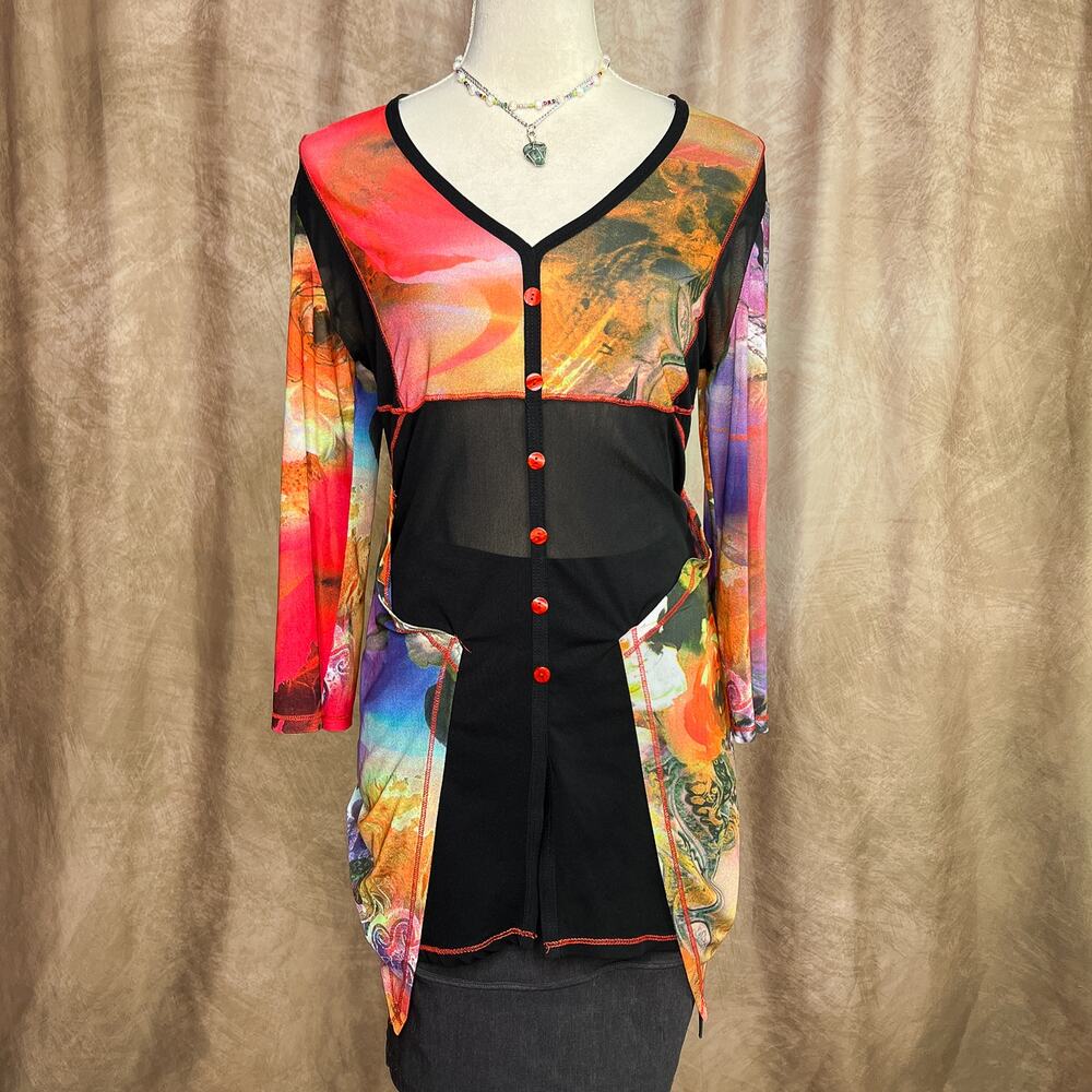 Vintage Y2K Patchwork Mesh Tunic Top Multicolor Floral Abstract Euro Cybercore